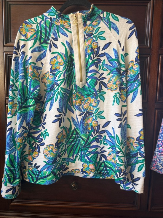 Lilly Pulitzer Jackets & Blazers - Lilly Pulitzer White Floral Half-Zip Pullover with Blue & Green Leaves